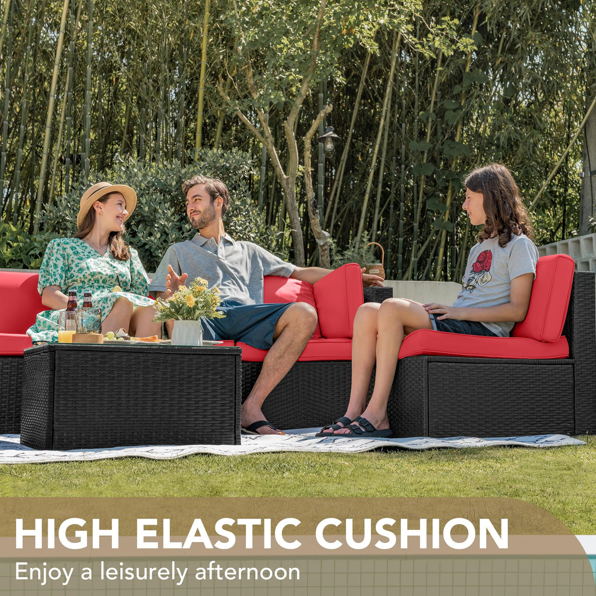 Devoko 7 Pieces Outdoor Sectional Sofa Patio Furniture Sets Manual Weaving Wicker Rattan Patio Conversation Sets with Cushion and Glass Table (Red) Devoko