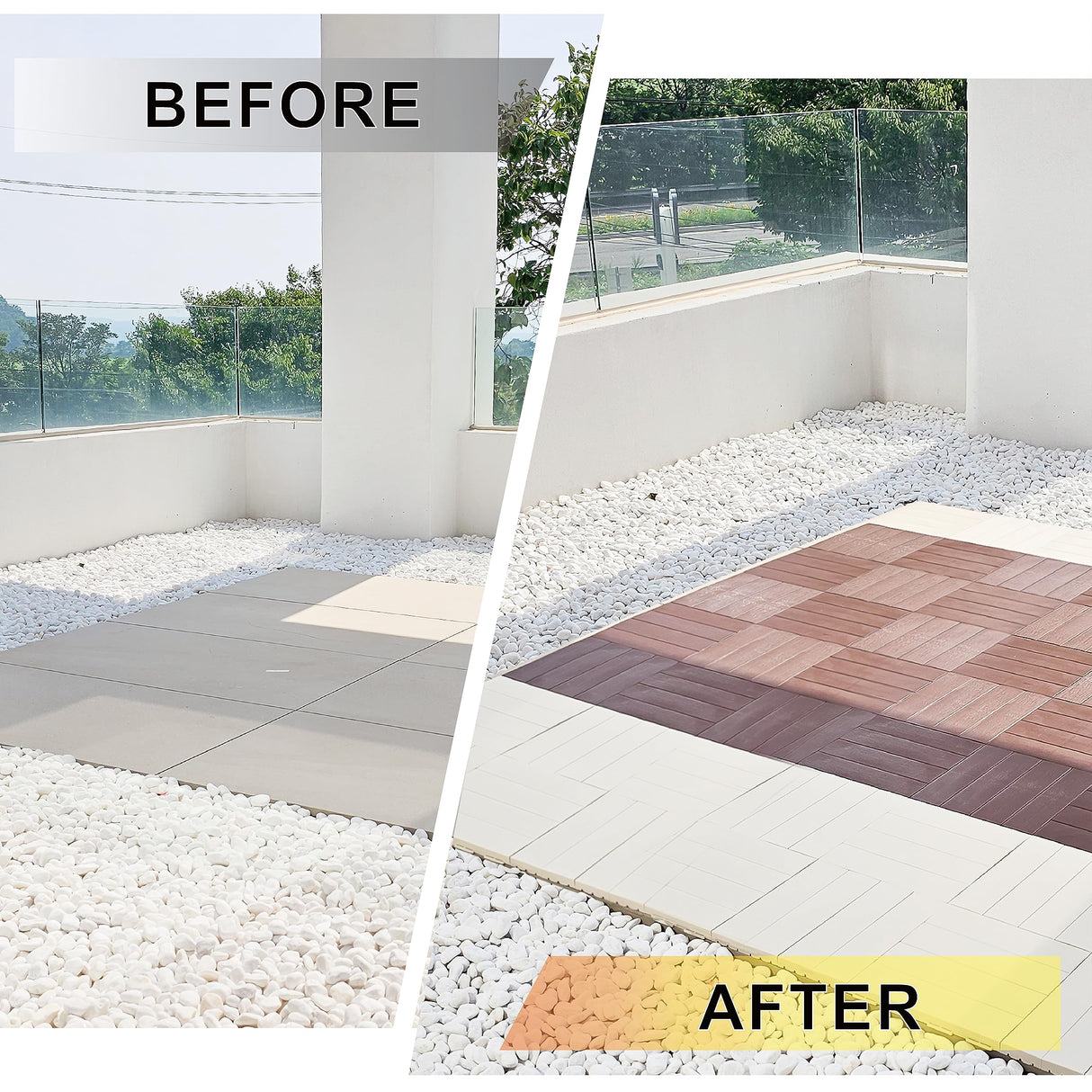 Easy Cut Snap Fit Plastic Interlocking Patio Deck Tiles (Pack of 72, 12"x3") Plastic Ivory Waterproof Outdoor Flooring All Weather Floor Decking for Balcony Backyard Garden DIY Inst I M HOME LIVING