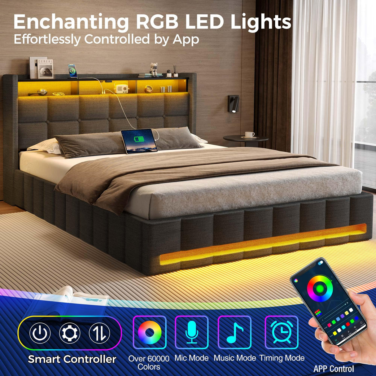 Rolanstar Bed Frame Queen Size with Lift Up Storage, Charging Station & LED Lights, Upholstered Storage Headboard, Heavy Duty Wooden Slats, No Box Spring Needed, Noise Free, Easy Assembly, Dark Grey Rolanstar