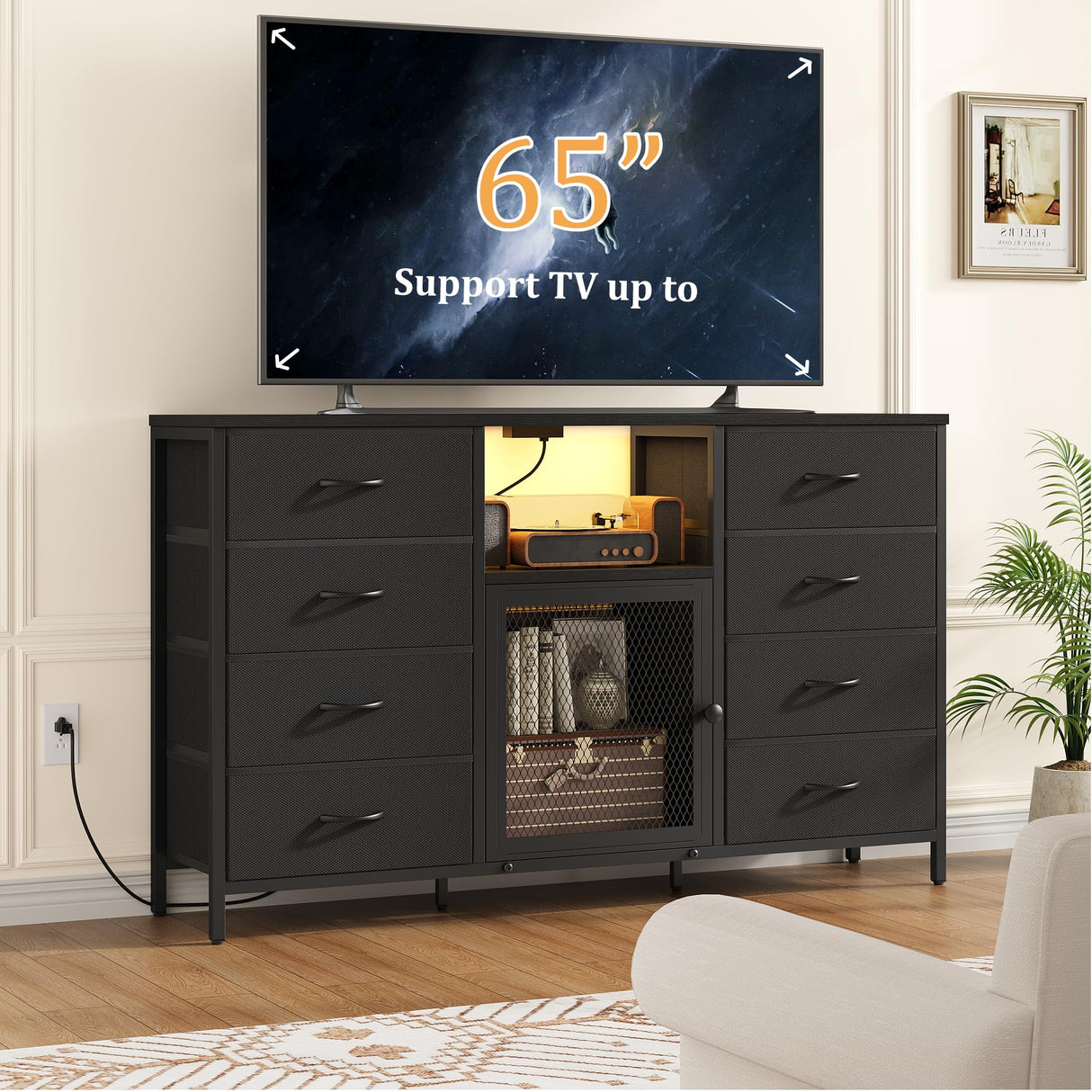 Dresser TV Stand for Bedroom for 65 inch TV with LED Lights and Charging Station, Fabric Chest of Drawers, 8 Fabric Drawers, Wood Top, Living Room, Closet Black Decofy