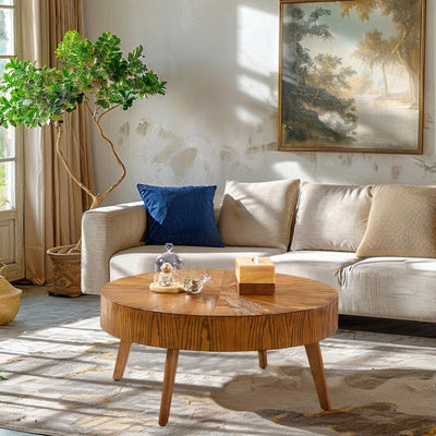 Gexpusm Round Wood Coffee Tables for Living Room, Farmhouse Circle Coffee Table, Mid Century Wooden Rustic Coffee Tables for Apartment, Easy Assembly (Only Coffee Table, 31.50" Dx31.50 Wx14.29 H)