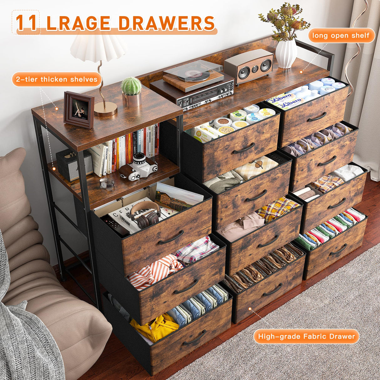 EnHomee Dresser for Bedroom with 11 Drawers Long Dresser TV Stand with Shelves Wide Dressers & Chests of Drawers Large Dresser for Bedroom Dresser, Sturdy Metal Frame, Wood Top, Rustic Brown EnHomee
