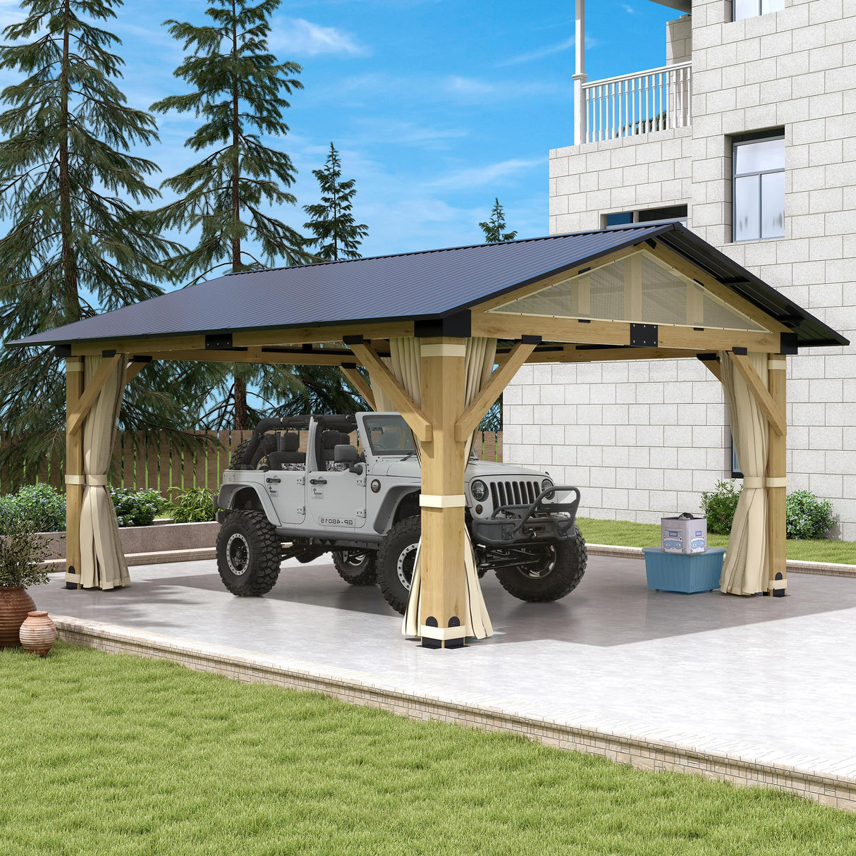 COVERONICS 13’x15’ Outdoor Wood Gazebo - Hardtop Patio Gazebo with Galvanized Steel Roof, Cedar Wooden Gazebo with Privacy Curtains and Netting for Garden, Porch, Patio and Deck COVERONICS