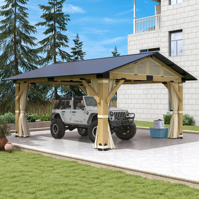 COVERONICS 13’x15’ Outdoor Wood Gazebo - Hardtop Patio Gazebo with Galvanized Steel Roof, Cedar Wooden Gazebo with Privacy Curtains and Netting for Garden, Porch, Patio and Deck