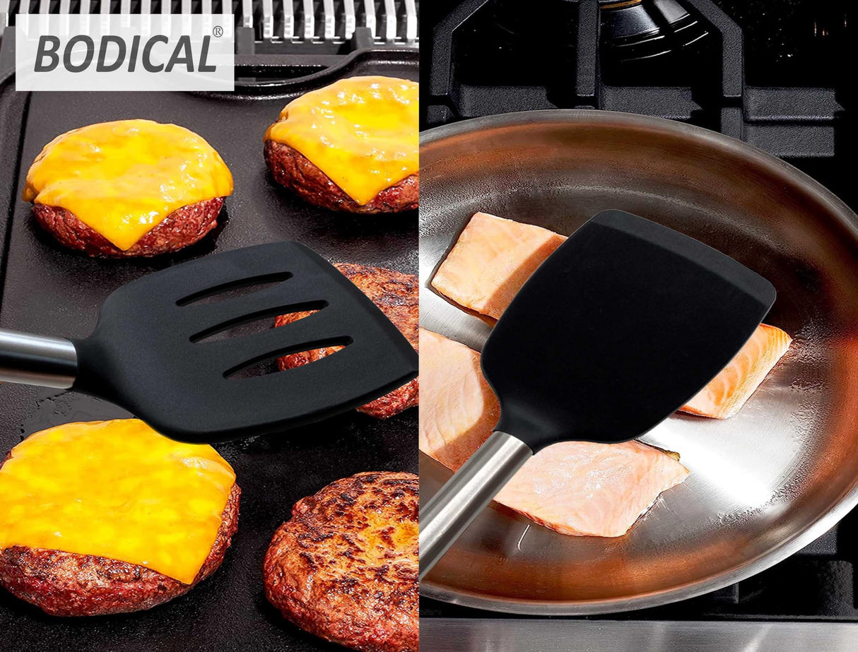 2 Pack Flexible Silicone Spatula, 600°F Heat Resistant Silicone Spatula Set for Nonstick Cookware, Kitchen Cooking Utensil Set for Egg Pancake Flipper-Slotted & Solid Spatula Set BodiCal