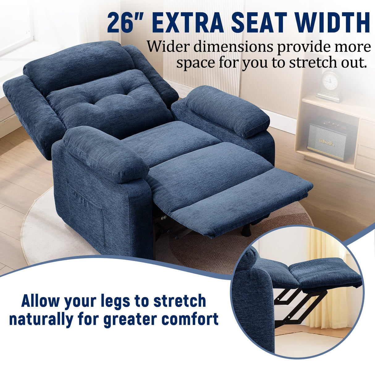 Korser Power Recliner Chair for Adults, Oversized Electric Recliner with Thickened Cushions, Chenille Fabric Reclining Chair for Living Room, Bedroom, Blue Korser