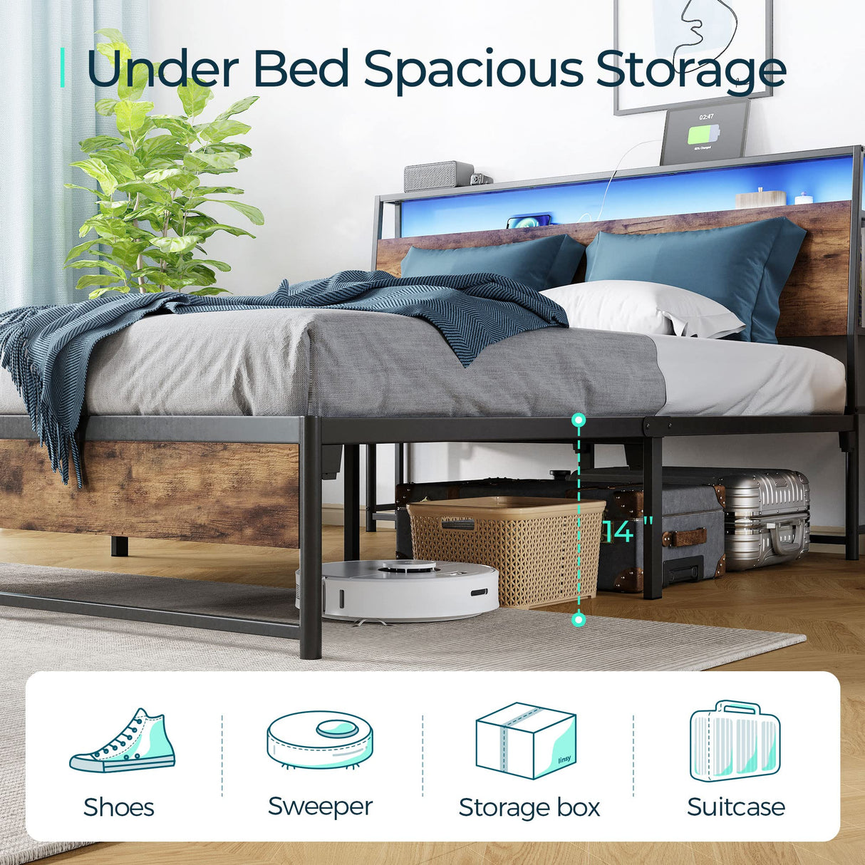 LINSY Ergonomic Full Bed Frame with RGB Headboard, Fast Assembly, USB Outlets & Ample Storage in Rustic Brown LINSY