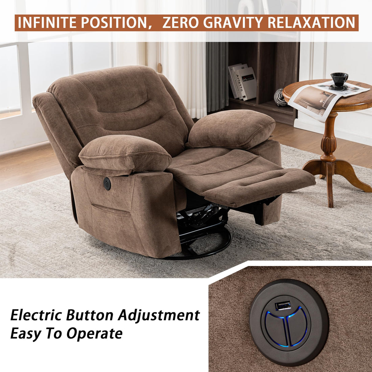 Ketaiyou Power Swivel Rocker Recliner with Massage and Heat, USB Port, Infinite Position, Overstuffed Electric Glider Rocking Chairs Living Room, Soft Fabric Reclining Sofa Chair(Mocha) Ketaiyou