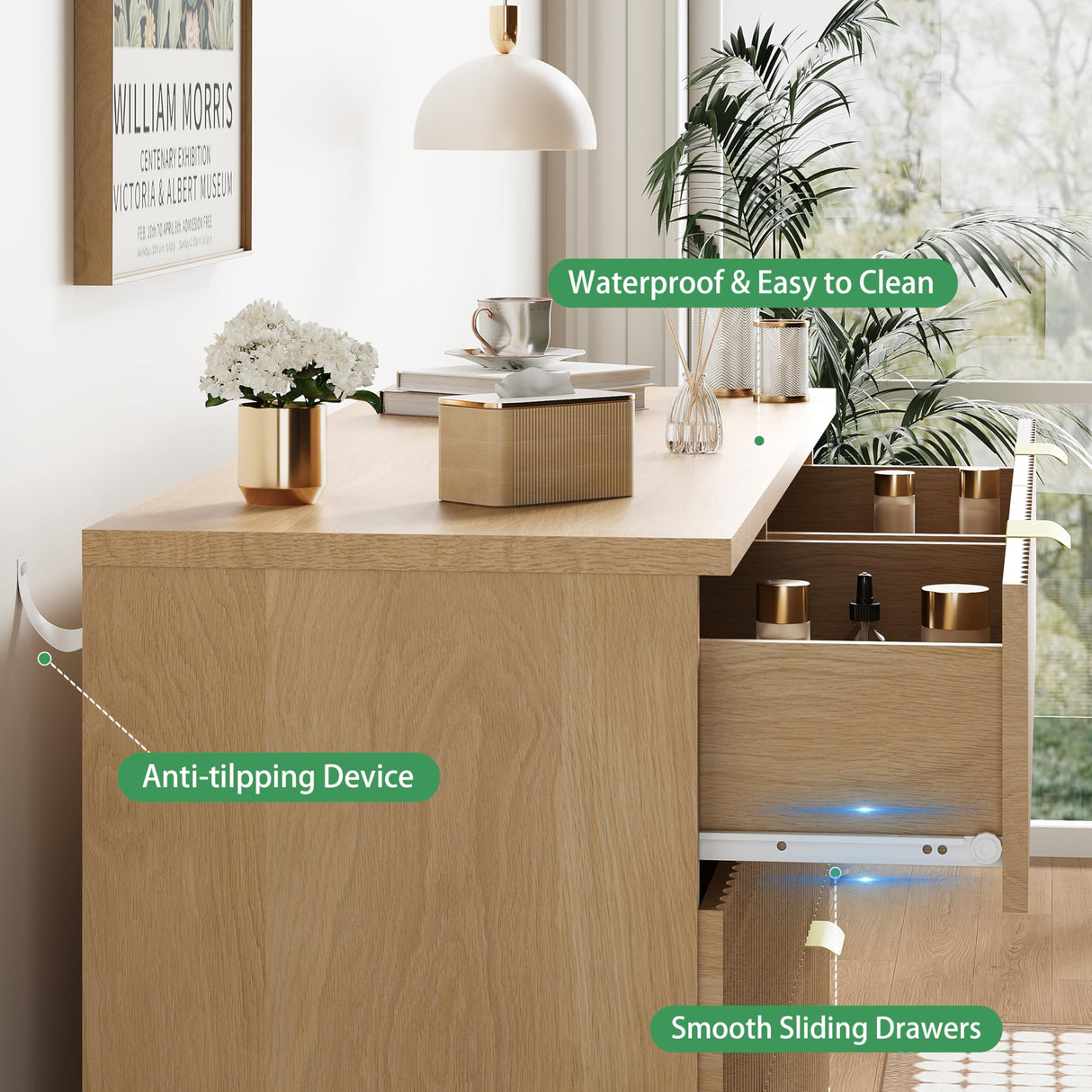 Fluted Dresser for Bedroom with 6 Drawers, 48" Wide Modern Chest of Drawers with Metal Handle, Wooden Dresser TV Stand, Wood Closet Clothes Storage Organizer for Living Room, Hallway, Natural Oak Xixini