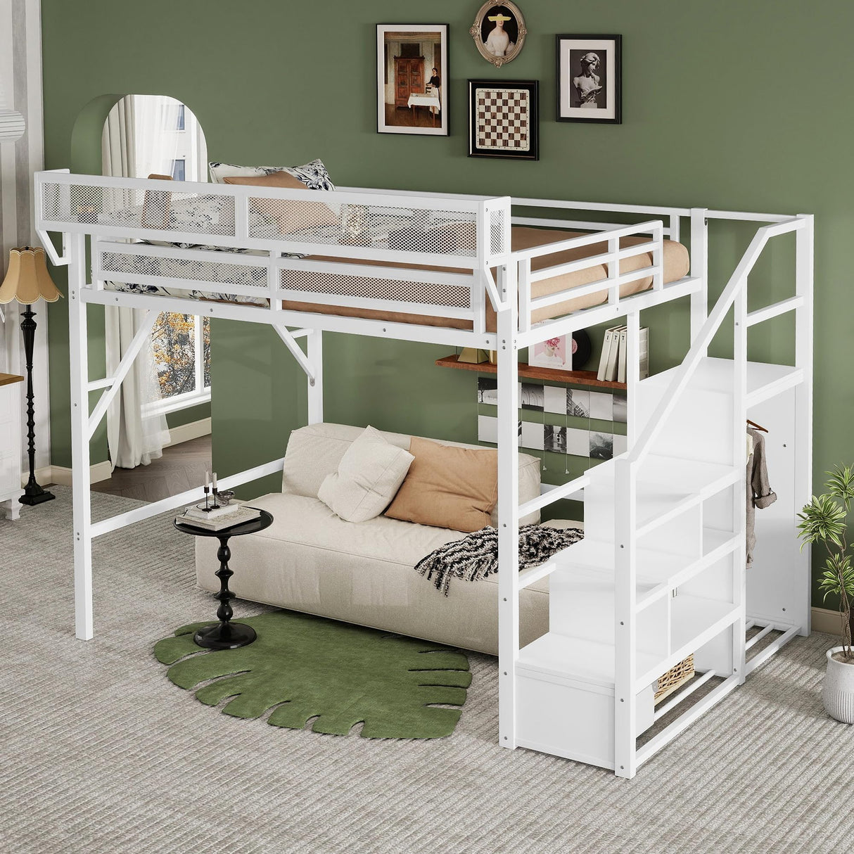 Mirightone Queen Size Loft Bed with Stairs and Storage, Metal Loft Bed Frame with Bedside Shelf and Large Under-Bed Space, Heavy-Duty Loft Beds for Adults Teens and Kids, White Mirightone