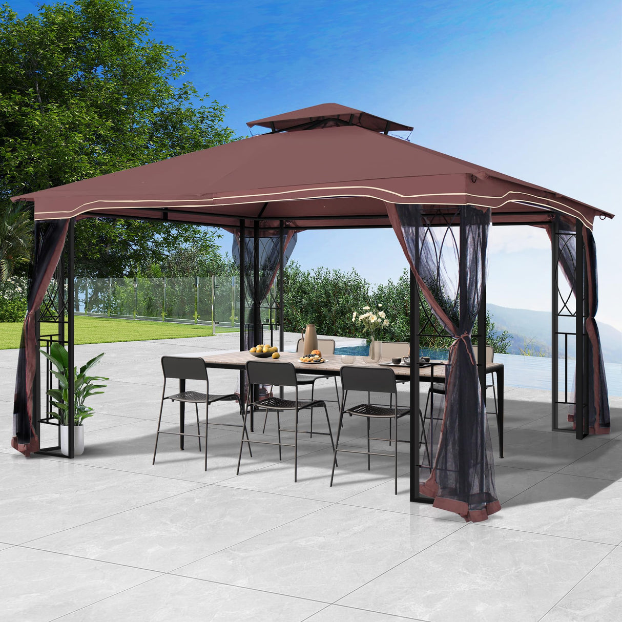 GARTOO 11'x13' Outdoor Patio Gazebo - Porch Gazebo with Polyester Roof & Breathable Netting, Best for Garden, Lawn, Backyard Deck (Chocolate) GARTOO