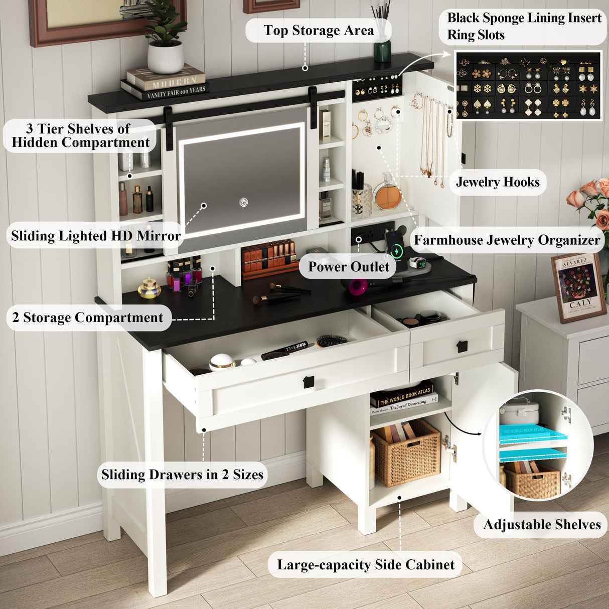 Loomie Farmhouse Vanity Desk with Sliding Mirror & Lights, Makeup Vanity Table with Power Outlet, 2 Drawers, 2 Cabinets & 2 Cubbies, Dressing Table with 3 Color Lighting Modes for Bedroom (White) Loomie