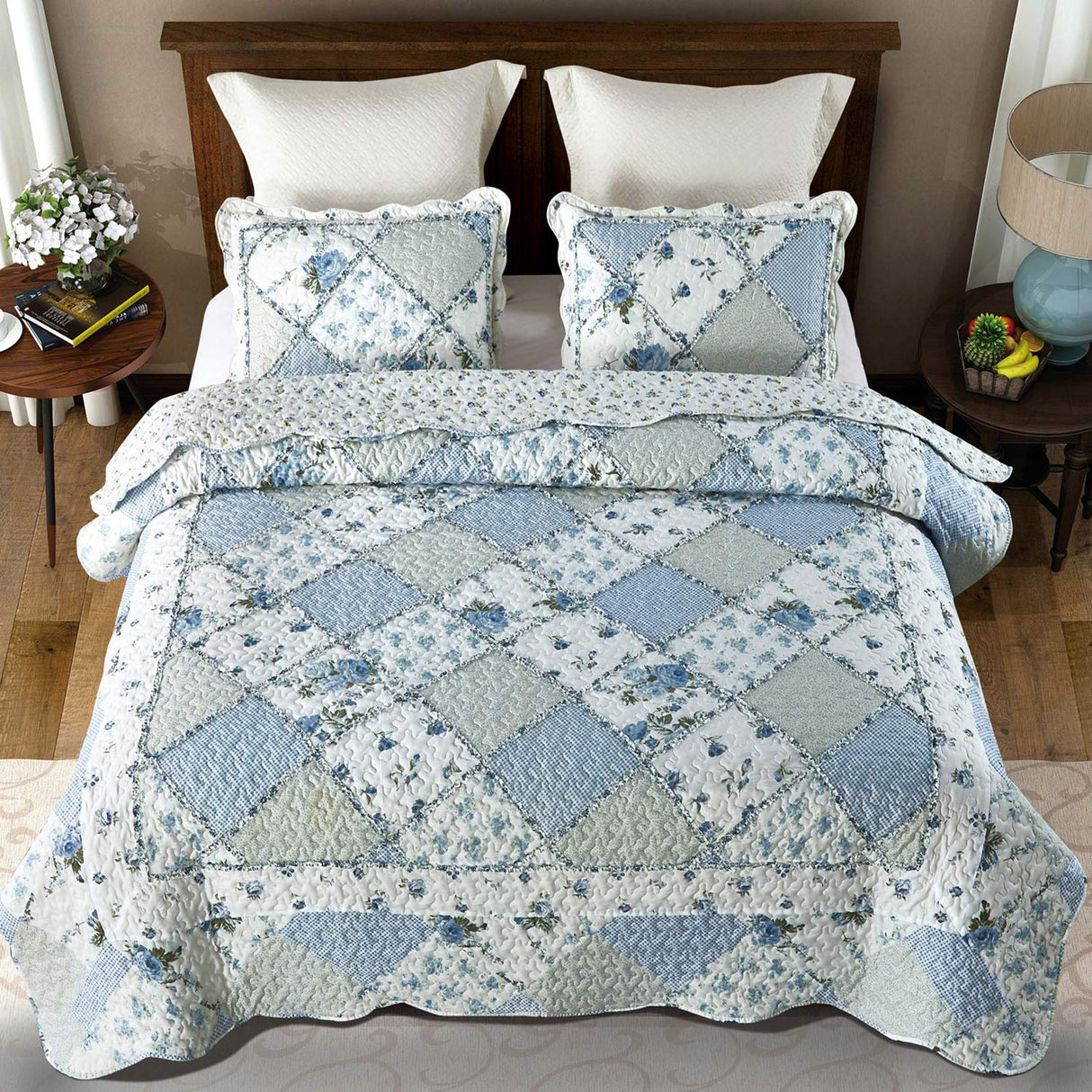 VIVILINEN Blue Floral Patchwork Quilt Set, Full Queen Size, 3 Piece Bedding Set with 2 Pillowcases VIVILINEN