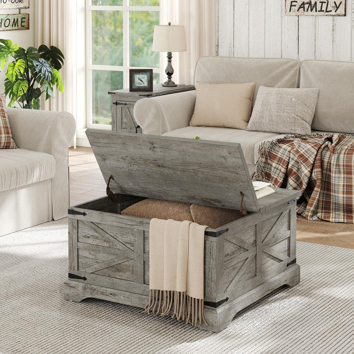 furomate Farmhouse Lift Top Coffee Table, Square Wood Center Table with Large Hidden Storage Compartment for Living Room, Rustic Modern Table with Hinged Lift Top, Oak Grey furomate