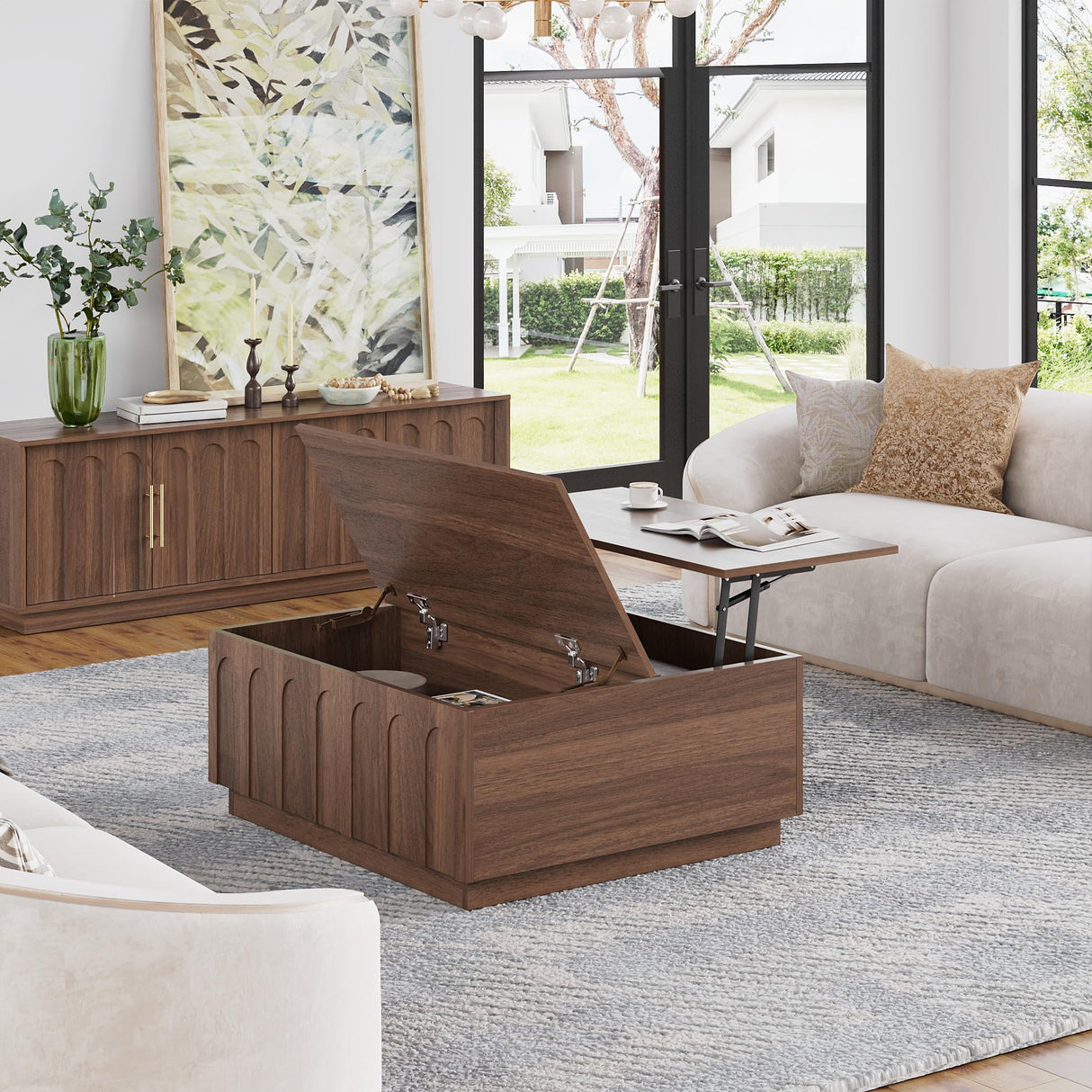 FORTUNETEC Lift Top Coffee Table with Storage, Mid Century Modern Coffee Table with Arched Design, 31.5" Square Tea Table with Wood Grain, Multifunctional Center Table for Living Room, Office, Walnut FORTUNETEC