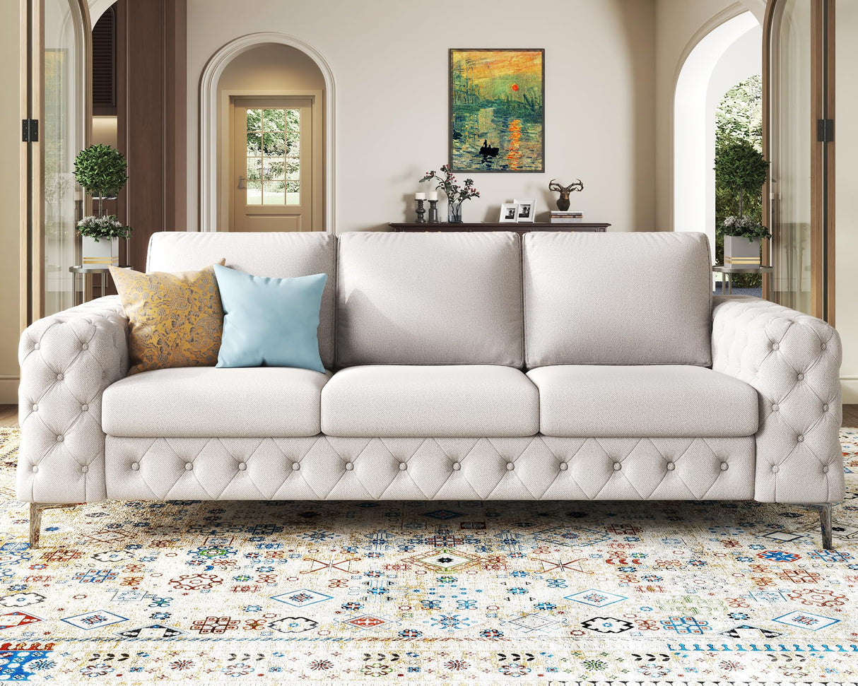 VanAcc Modern Sofa, 92 inch 3 Seater Sofa with Stylish Thick Armrest, Upholstered Button Tufted Couch for Living Room, Apartment, Linen Beige Oversized Couch VanAcc