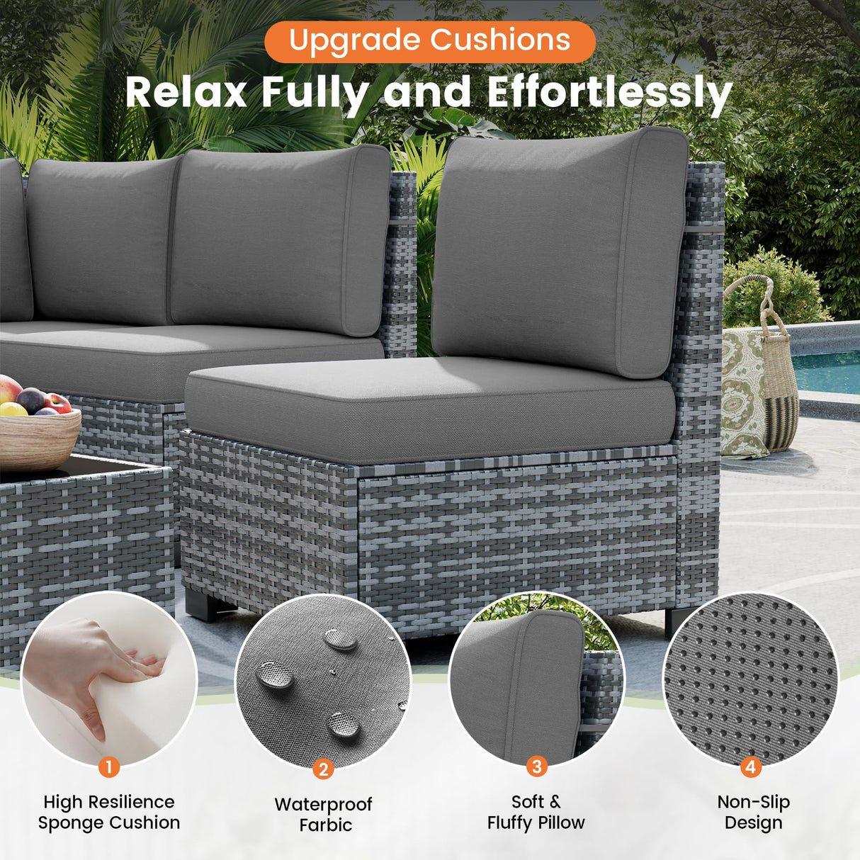 UDPATIO Patio Furniture Set, 8 Inch Armrest Outdoor Sectional Sofa, 6 Piece Wicker Outdoor Furniture Conversation Sets with Waterproof Cover and Coffee Table for Backyard Deck(Grey/Dark Grey) UDPATIO