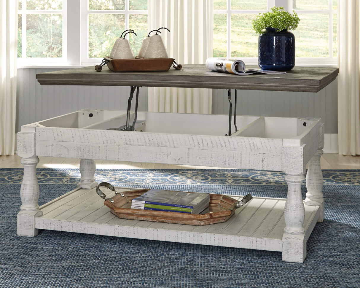 Signature Design by Ashley Havalance Farmhouse Lift Top Coffee Table with Fixed Shelf and 2 Hidden Storage Trays, Gray & White with Weathered Finish Signature Design by Ashley