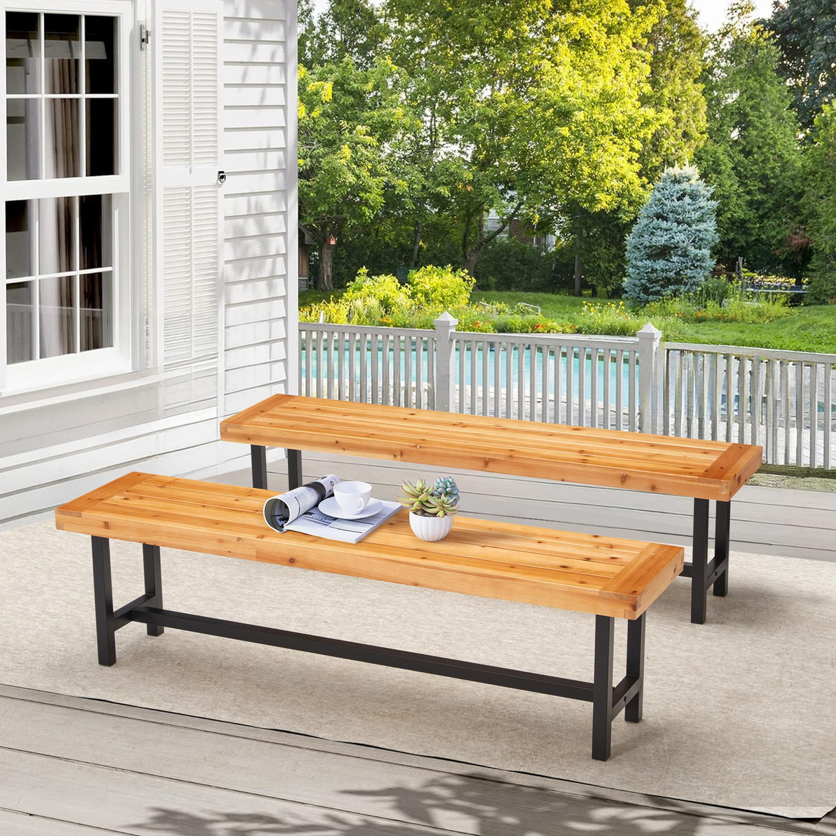 AVAWING Outdoor Wood Benches Set of 2, Patio Wooden Picnic Bench Waterproof, Backless Long Garden Park Chair for Porch, Balcony and Deck, Natural AVAWING