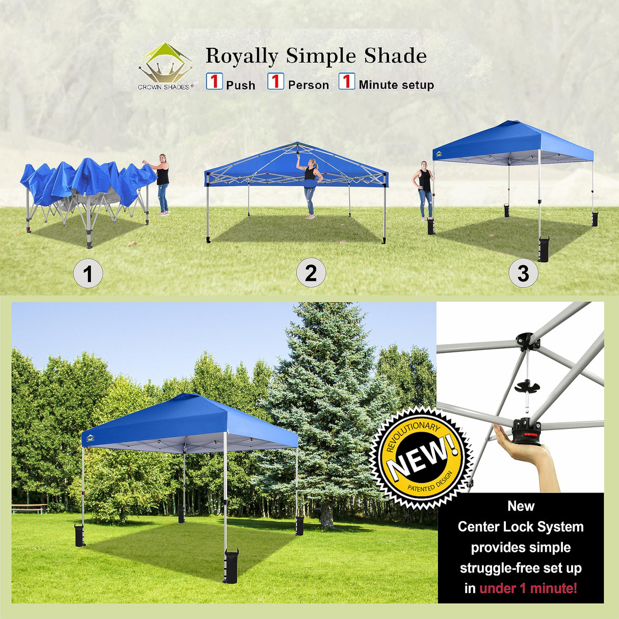 CROWN SHADES 10x10 Pop Up Canopy - Beach Tent with One Push Setup - Easy Outdoor Sun Shade for Events, Parties, Camping - Gazebo with STO-N-Go Cover Bag, Silver Coated Top, Blue CROWN SHADES