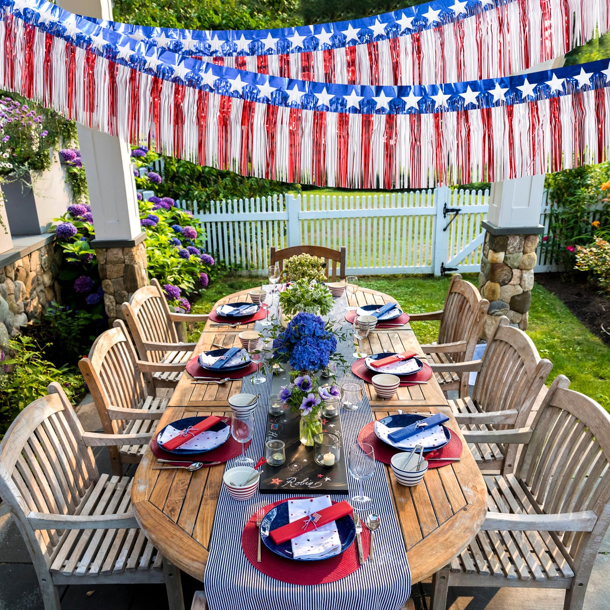 Mega-L 4th of July Decorations 2Packs 39 Feet Foil Fringe Garland Tinsel Streamers, Red White and Blue Star Metallic Hanging Backdrop Banner Table Skirts for Parade Floats Memorial Day Patriotic Party Mega-Loopolis