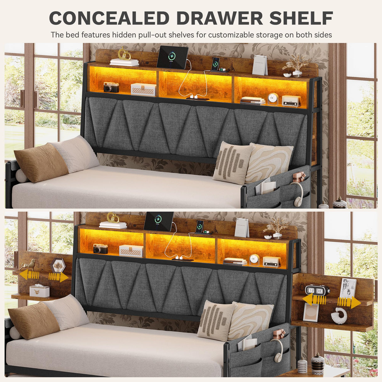 YITAHOME Twin Size Daybed with Trundle, Heavy Duty Metal Bed Frame with RGB LED Lights, Upholstered Storage Bookcase Headboard with Charging Station for Living Room, Bedroom and Guest Room, Grey YITAHOME