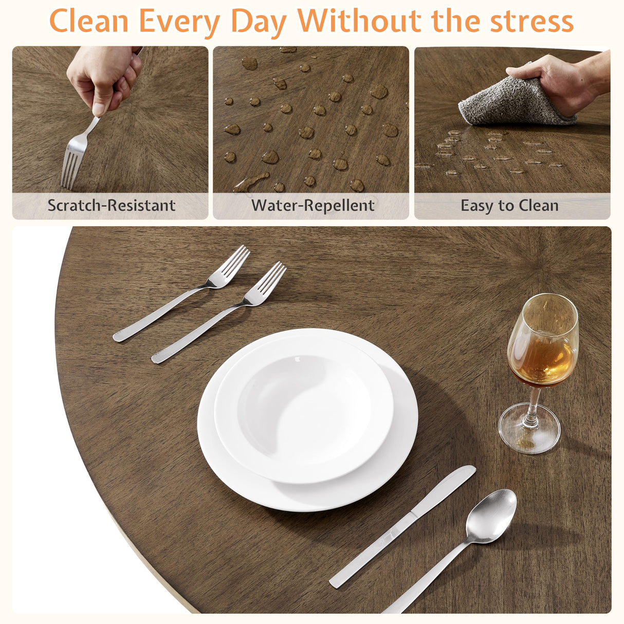 Jocisland Round Solid Wood Dining Table Set for 4, 5-Piece Mid-Century Kitchen & Dining Room Furniture with Padded Chairs, Space-Saving Design, Radial Grain Finish, Easy Assembly Jocisland