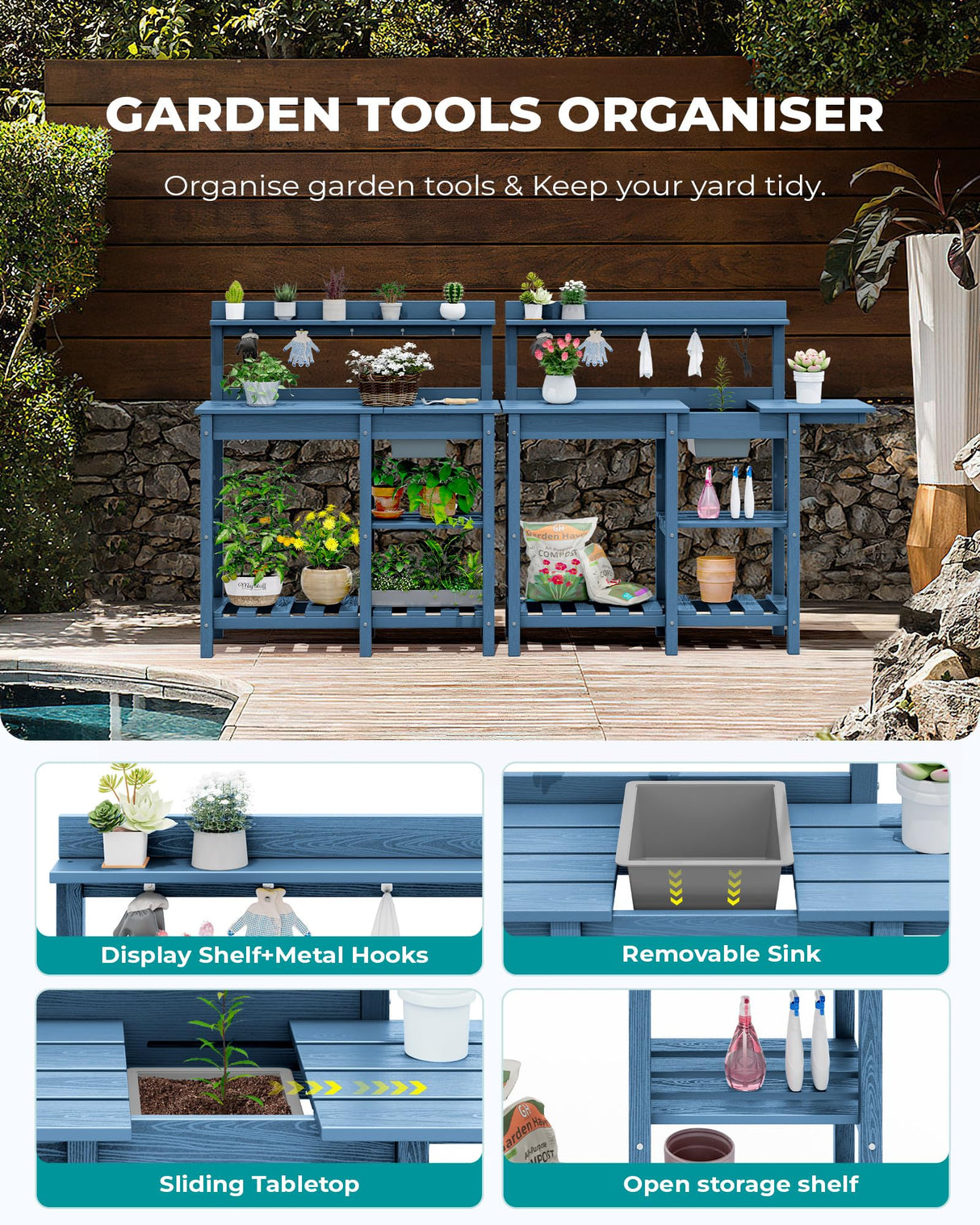 SERWALL Potting Table Outdoor Potting Bench with Sink, HDPE Potting Benches for Outside All Weather Use- Blue SERWALL