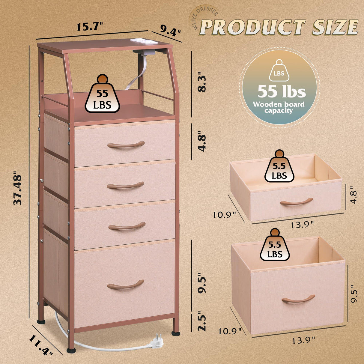 WLIVE 4 Drawer Dresser for Bedroom, 37" H Nightstand with Charging Station and Led Light, Tall Night Stand Bed Side Table, End Table with USB Ports and Outlets, Fabric Bins, Wood Shelf, Pink WLIVE