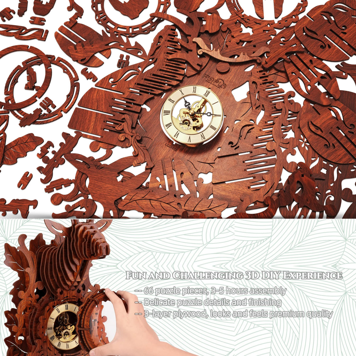 FUNPOLA LED 3D Wood Puzzle Deer Clock, 3D Wooden Puzzle Elk Clock Building Model, Home Décor 3D Wooden Puzzle for Adults/Teens (Wood, Yellow Light) FUNPOLA