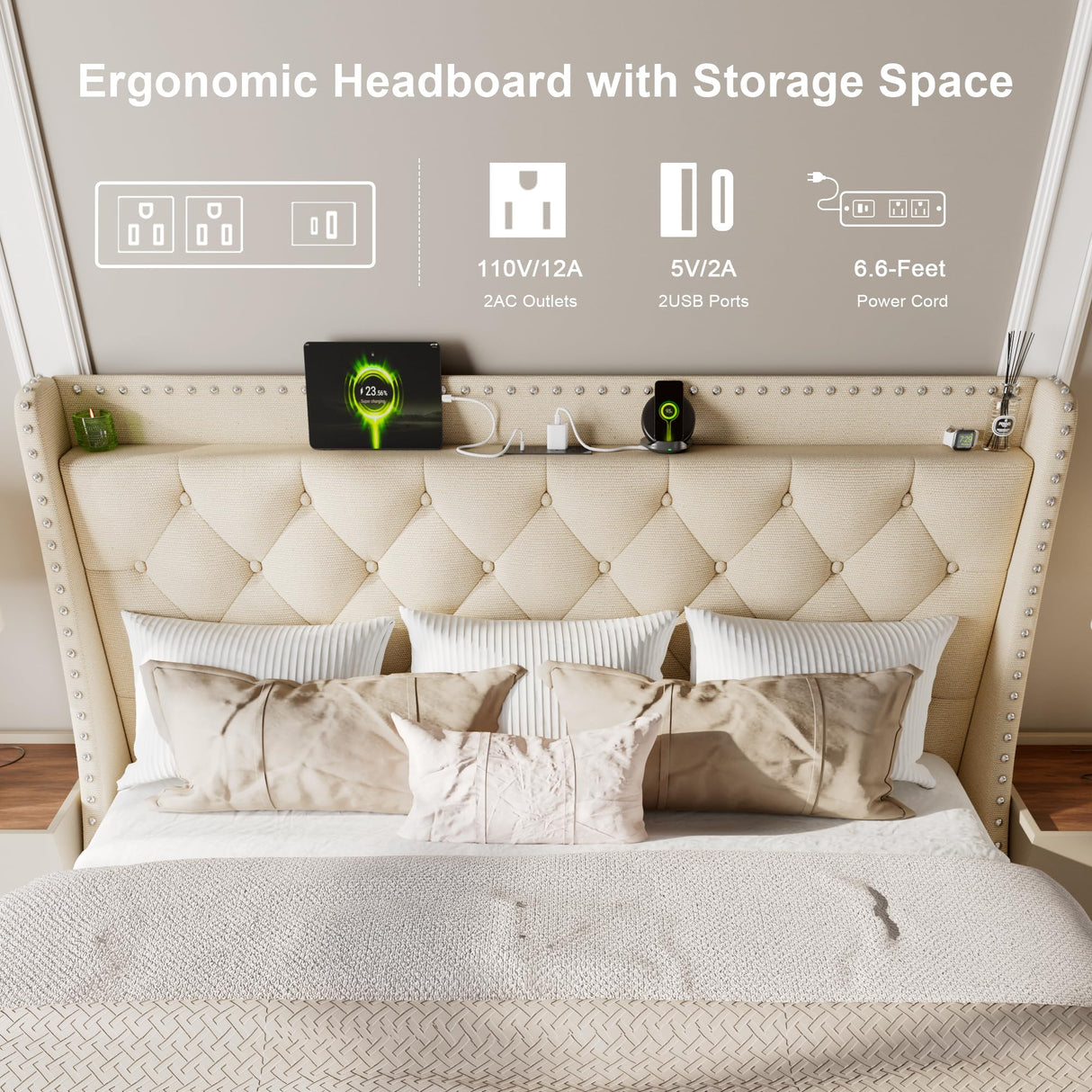 Feonase King Size Bed Frame with Luxury Wingback and Fast Charging Station,King Upholstered Button Tufted Storage Headboard Platform Bed,Sturdy Wooden Slats Support,Noise-Free, Easy Assembly,Beige Feonase