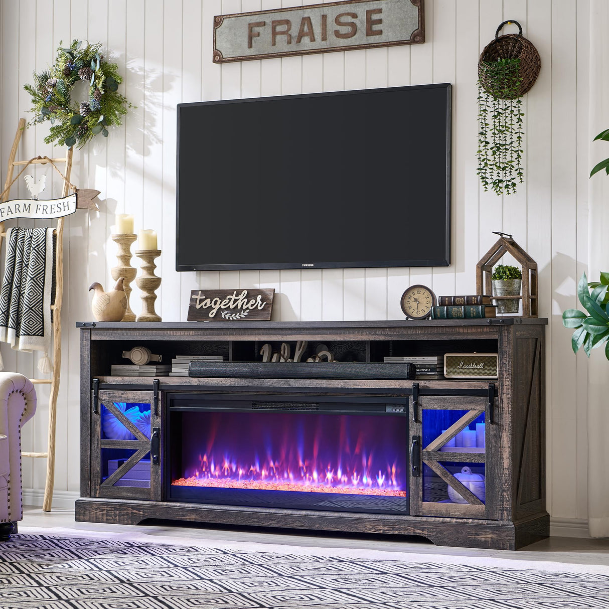 OKD Fireplace TV Stand for 85" TV, 33" Tall Highboy Farmhouse Entertainment Center w/ 42'' Electric Fireplace & LED Light, Rustic Media Console w/Sliding Barn Door for Living Room, Drak Rustic Oak OKD