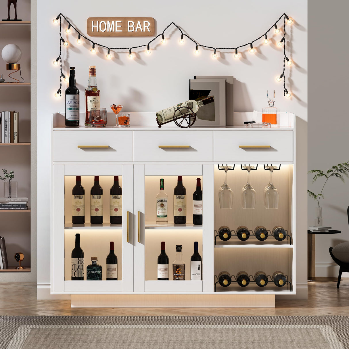 Wine Bar Cabinet with LED Strips, 47.1" Wine Cabinet with 3 Drawer and Power Outlet, Modern Liquor Cabinet with 2 Adjustable Shelves and 2 Glass Door for Living Room, Dining Room wanan