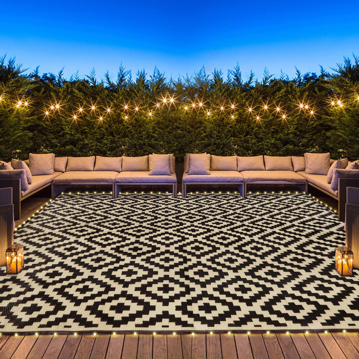 SAND MINE Reversible Mats with Led Strip Lights, Plastic Straw Rug, Modern Area Rug, Large Floor Mat for Outdoors, Patio, Backyard, Deck, Picnic, Camping, Black & Beige, 8' x 10' SAND MINE