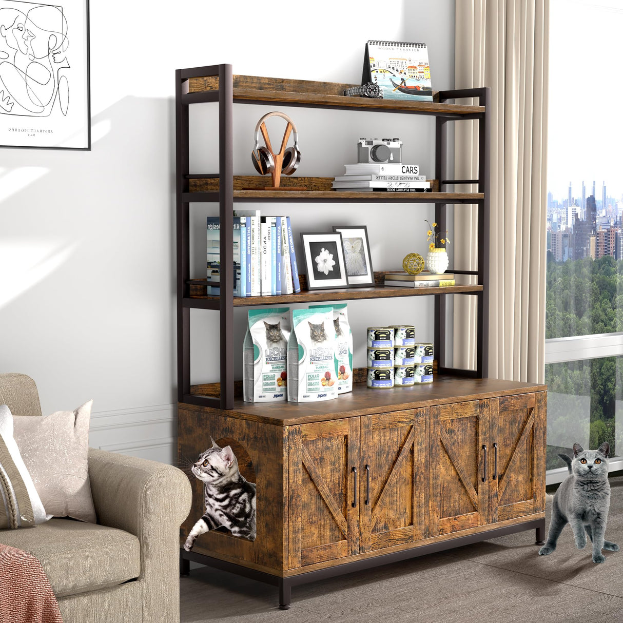 Herture Large Cat Litter Enclosure for 2 Cats - Hidden Litter Box Furniture with Shelf, Brown PG05MWN Herture