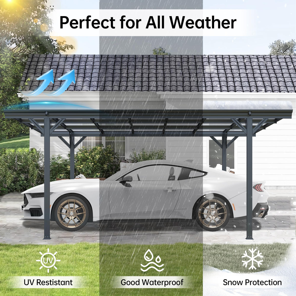 Real Relax Metal Carport 10 x 16ft with Heavy Duty Metal Frame & Pitched-Roof Polycarbonate Panel Canopy, Sturdy Canopy Shelter for Car, Truck, Pickup, SUV, Tractor, and Boat, Grey Real Relax