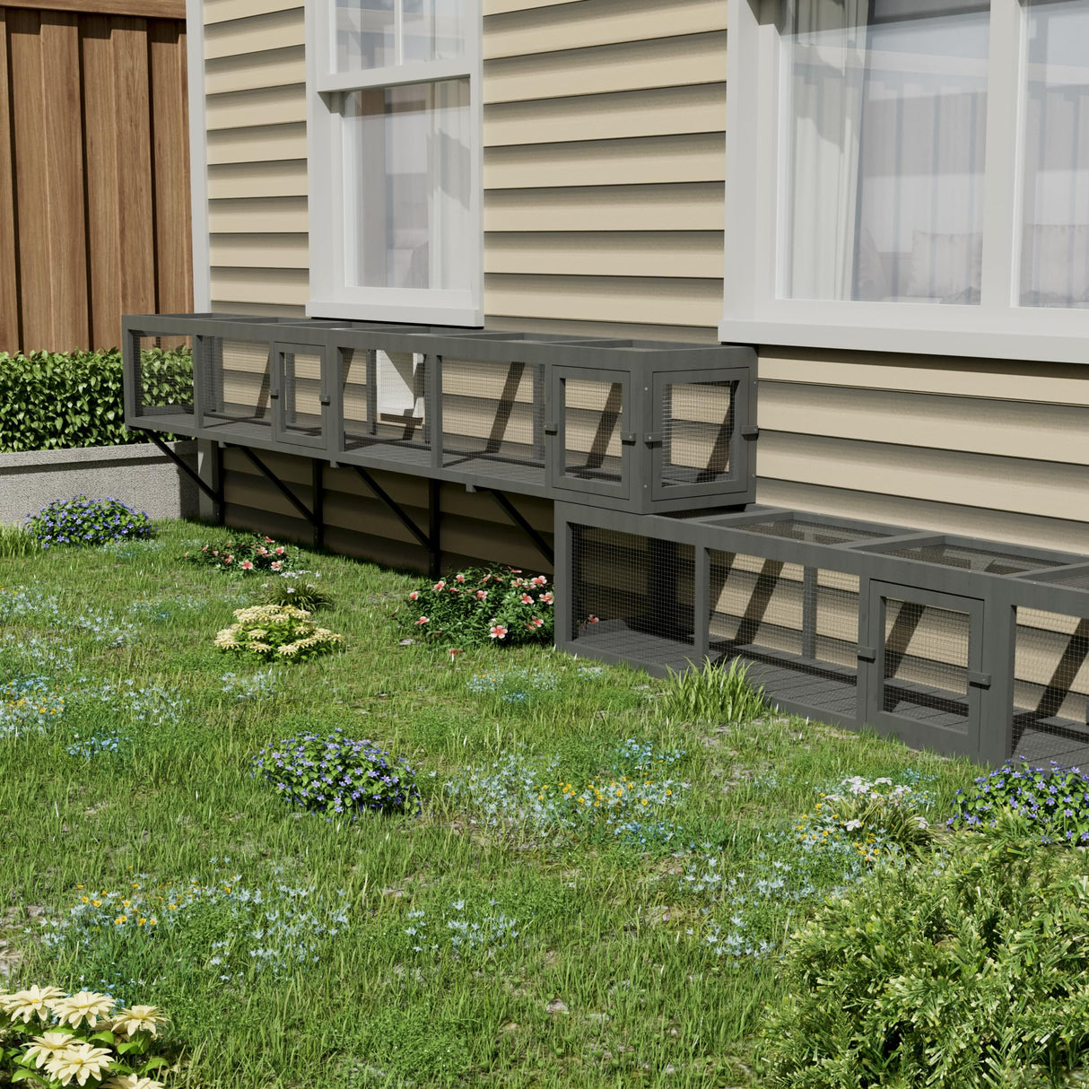 QUYZE 59" Wooden Cat Window with Extendable Design Connecting Inside and Outside Catio Outdoor Cat Enclosure for Sunbathing, Napping & Overlooking (Grey) QUYZE