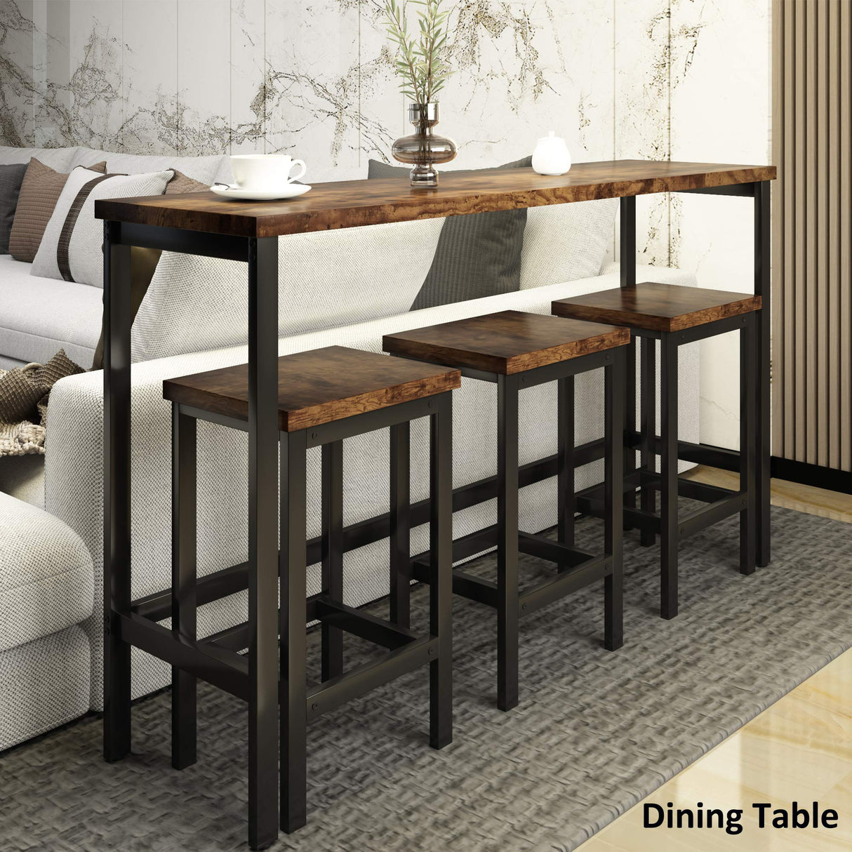Knocbel Industrial Compact Dining Table and Stools, 4-Piece Counter Height Kitchen Pub Bar Dining Room Furniture Set with Metal Frame (Brown and Black) Knocbel