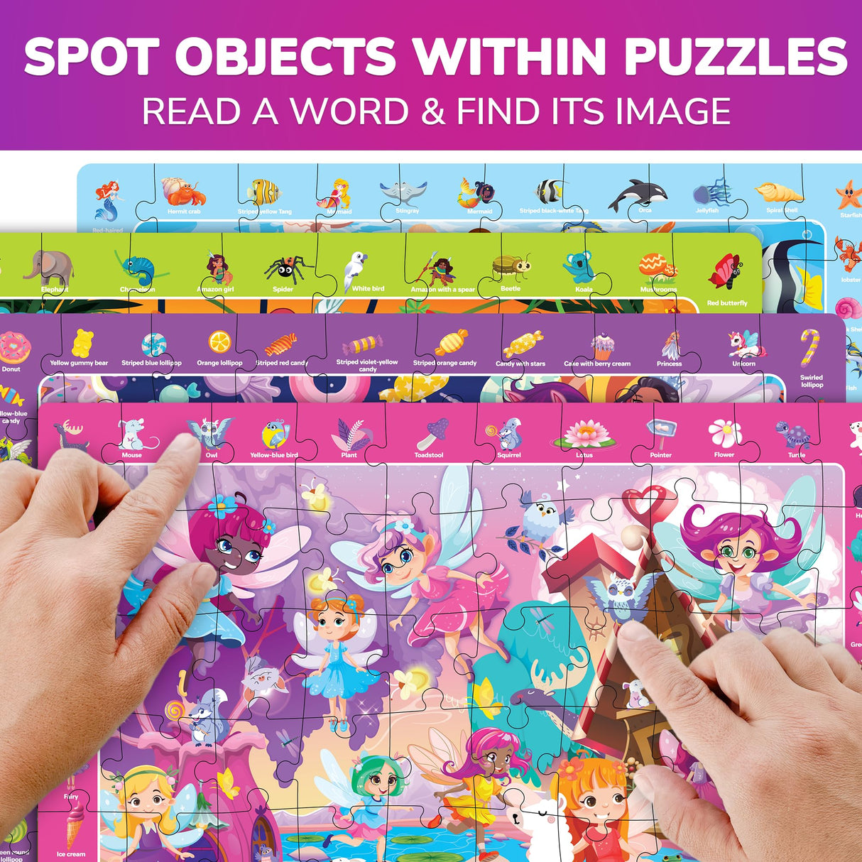 QUOKKA Princess Puzzles for Kids Ages 4-6 - Toddler Puzzles Ages 3-5 - 4-Pack 60 Piece Search and Find Jigsaw Puzzle 6-8 - Unicorn Mermaid Fairy Puzzle for Girls - Learning Educational Toy for 5 Year QUOKKA
