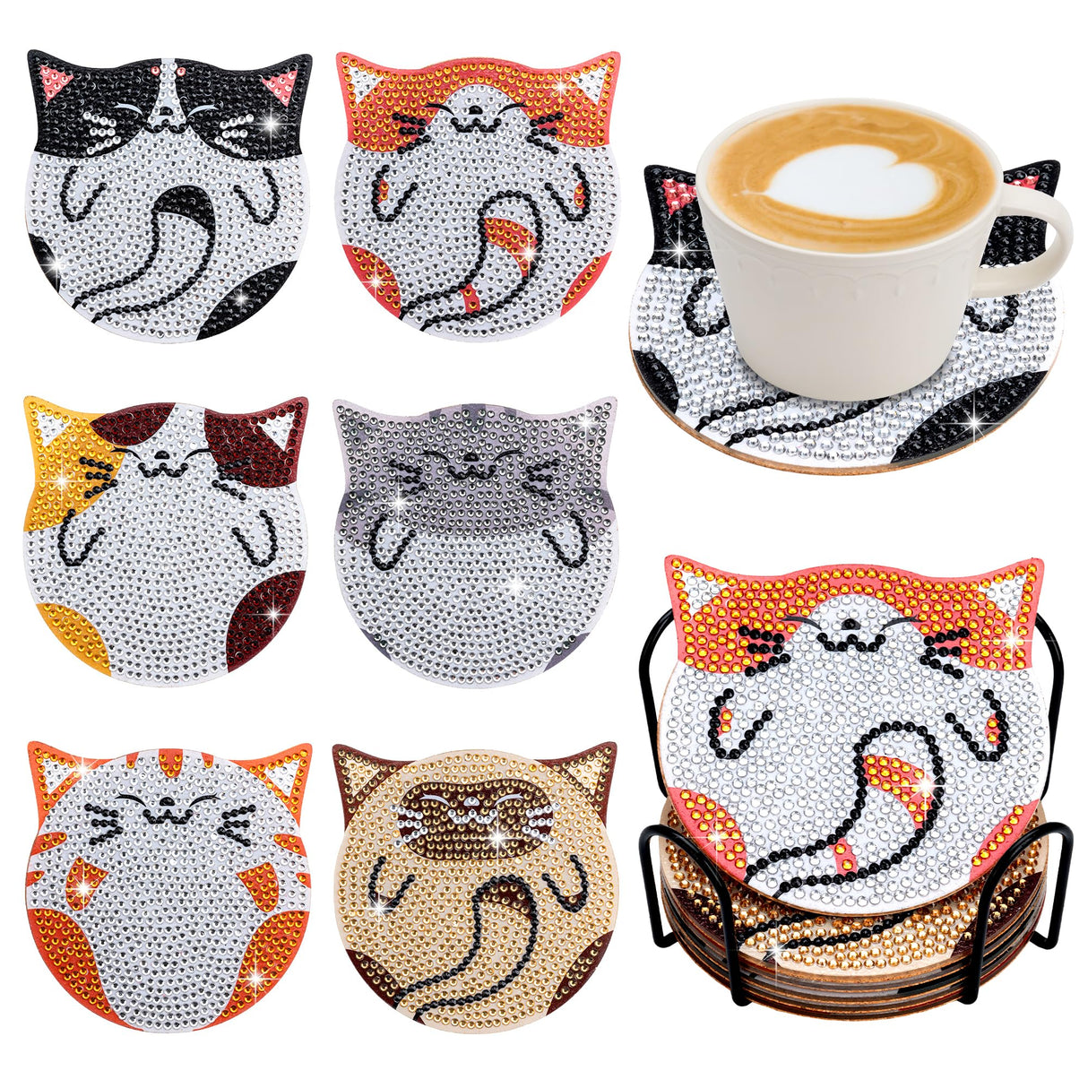 handlish 6 Pieces of Cute cat Diamond Art Coaster with Stand, Adult and Child Diamond Painting Art Set, DIY Diamond Art for Beginners, Family Craft Items (CAT) handlish