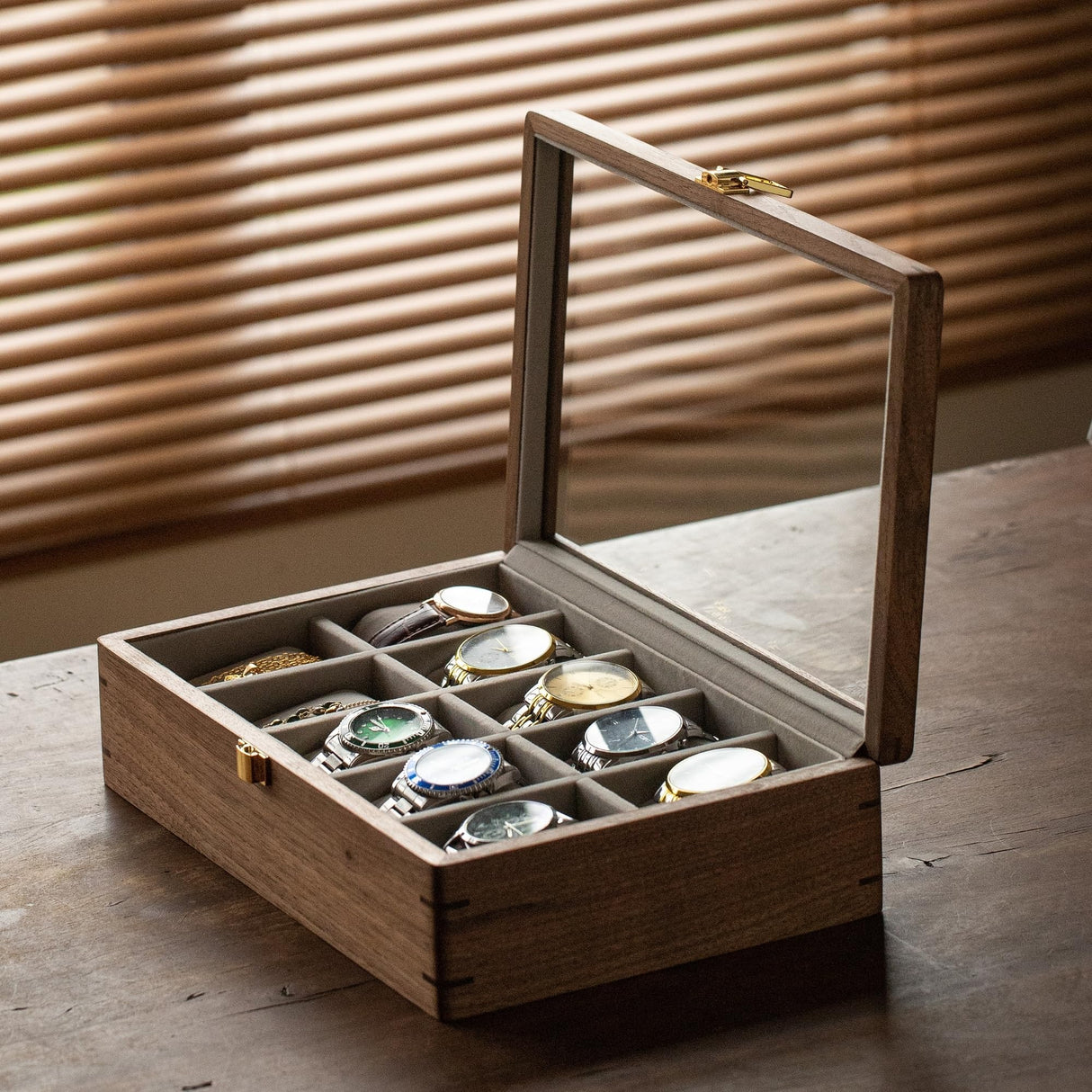 muso wood Watch Display Box, 10 Slot Watch Case for Men, Watch Organizer Box with Glass Lid, Watch Case with Removable Velvet Pillow, Father's Day Gift - 10 Slot, Walnut muso wood