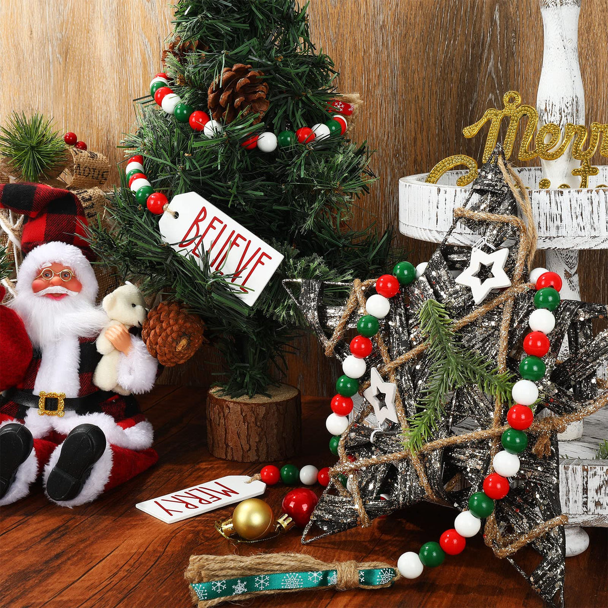 Whaline 2Pcs Christmas Wooden Bead Garlands Xmas Natural Wood Bead Garland with Rope Tassel Classical Red Green Beads Hanging Decor for Farmhouse Tiered Tray Home Wall Decor Christmas Party Suppliers Whaline