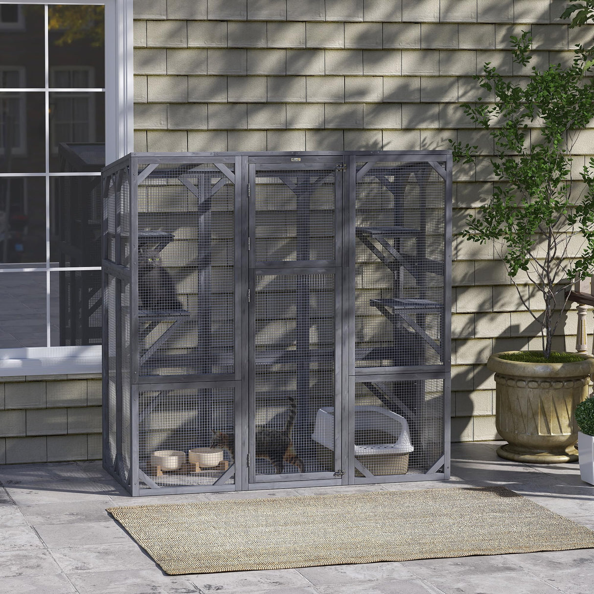 PawHut Catio Outdoor Cat Enclosure, Large Wooden Cat House with 6 Jumping Platforms, Weatherproof Roof, Outdoor Cat Cage Cat Shelter for 1-3 Cats, 59" x 28" x 60", Gray PawHut
