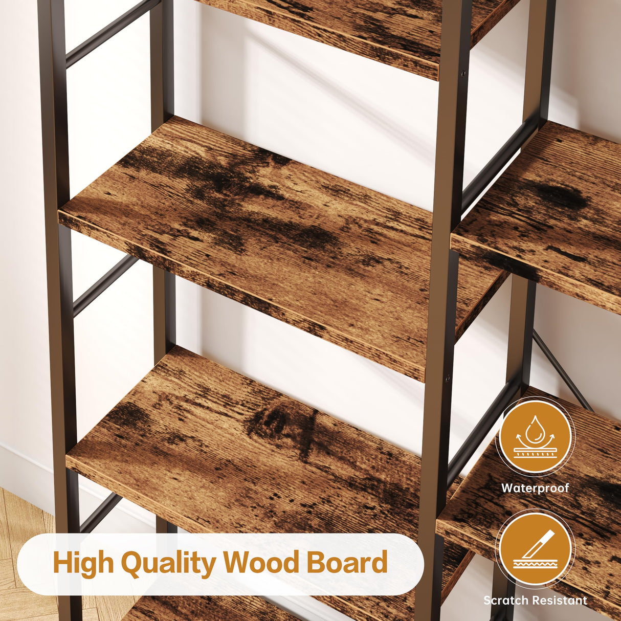 Shintenchi Triple Column 5 Tier Bookshelf, Industrial Large Bookcase Display Shelves, Large Etagere Bookshelf,Wide Book Shelf Book Case for Home & Office, Rustic Brown Shintenchi