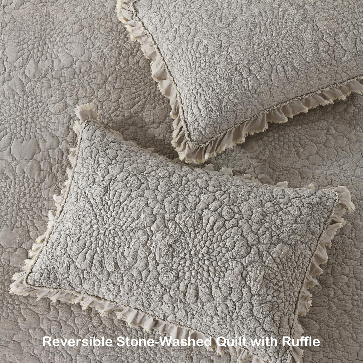 HORIMOTE HOME Beige Ruffled Quilt Queen Size, Stone-Washed Microfiber Lightweight Crinkled Farmhouse Rustic Shabby Chic Bedding Set, 3 Pieces Reversible Bedspread with Pillow Shams for All Season HORIMOTE HOME
