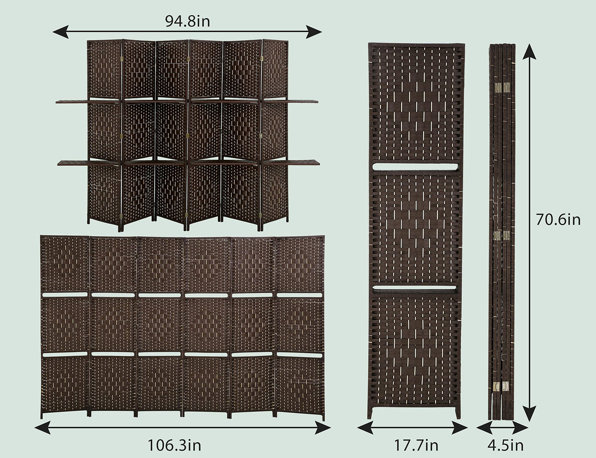 6 Panel Wood Room Dividers with Shelves Folding Privacy Screens Portable Partition Screen, 6 Ft Tall 5.7 Ft Wide Room Partitions and Dividers, Folding Privacy Wooden Screen with 2 Shelf Capacmkseh