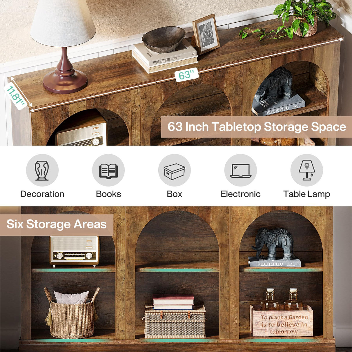 Tribesigns Farmhouse Console Table, 63-Inch Long Entryway Table with 3 Tier Storage, Wooden Rectangular Sofa Table Behind The Couch for Entrance, Hallway, Living Room, Brown Tribesigns