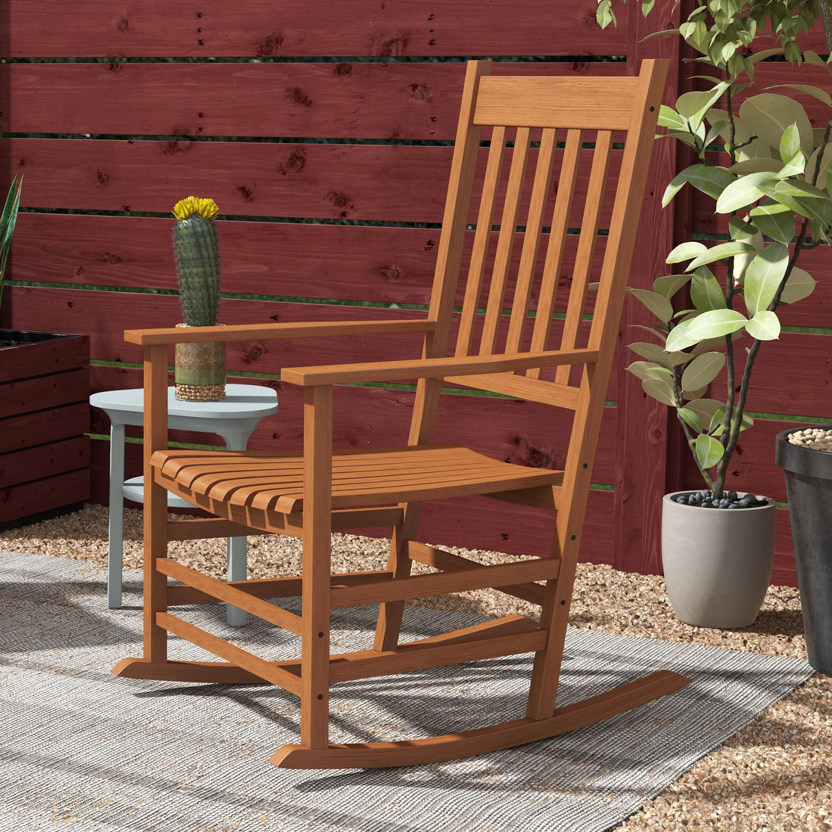 Outsunny Wooden Rocking Chair Set of 2, Outdoor Rocker Chairs with Curved Armrests, High Back & Slatted Seat for Garden, Balcony, Porch, Supports Up to 352 lbs., Teak Outsunny