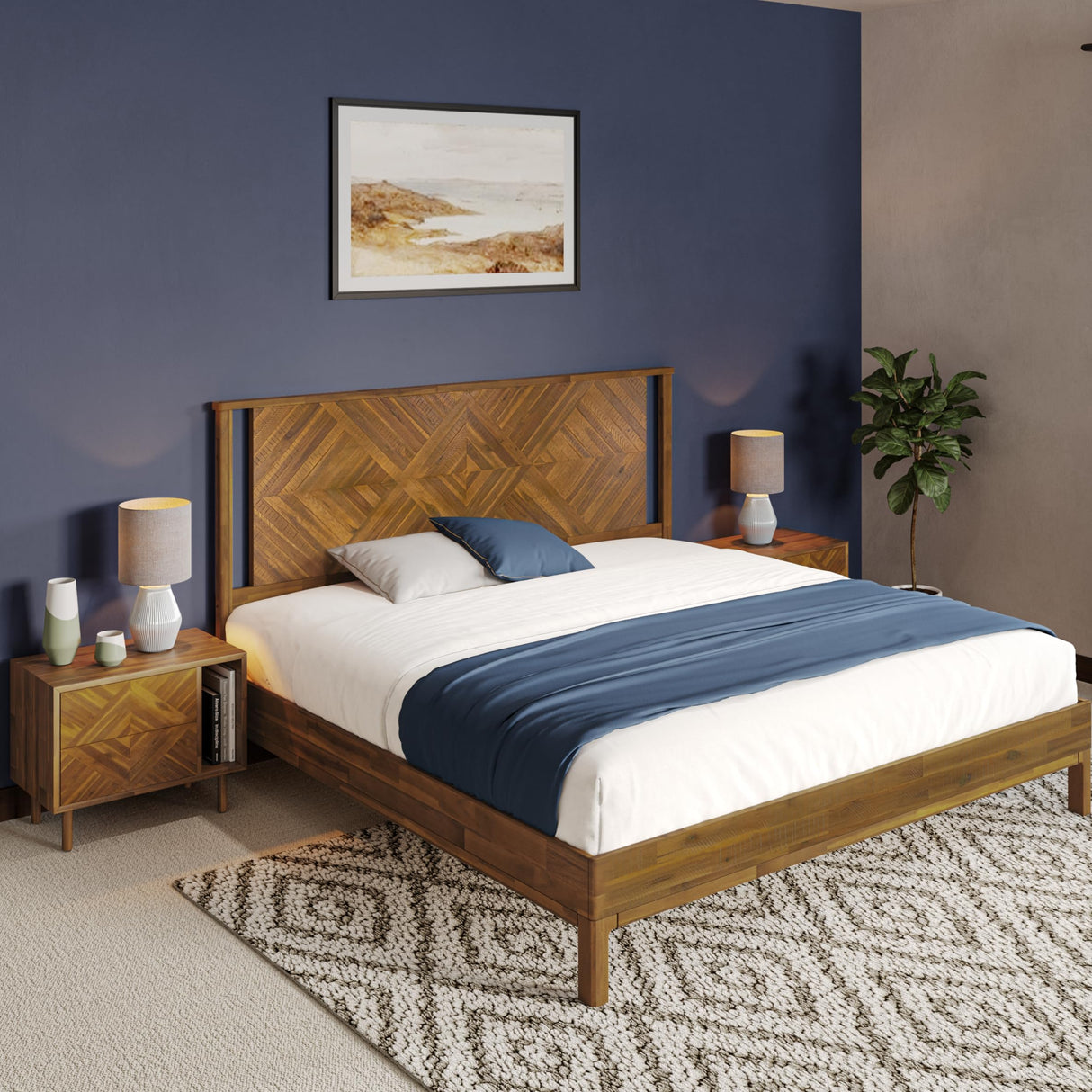 Ethan King Platform Bed Frame with Headboard - Stylish Acacia Wood in Rustic Dark Brown Finish Bme