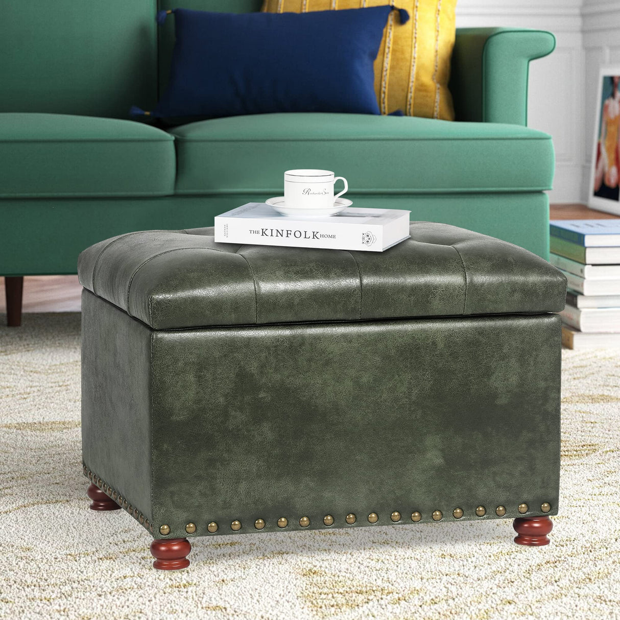 Joveco Storage Ottoman Rectangular Tufted Upholstered Ottomans with Rivet, Footrest Footstool Seat with Wood Legs for Living Room Bedroom (Black Green) Joveco